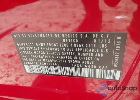 2012 Volkswagen Jetta 2.5L Se из США, поврежденный, VIN 3VWDP7AJ8CM372861